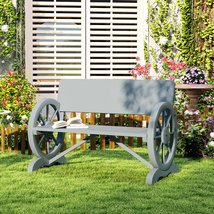 Outsunny Fir Wood 2-Seater Outdoor Garden Wagon Wheel Bench, Grey