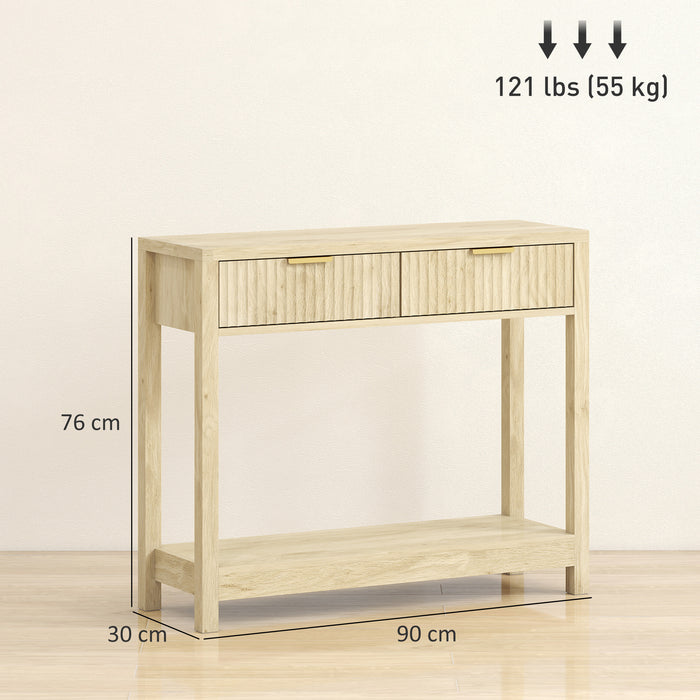 HOMCOM Modern Console Table with Fluted Panel Drawers, Narrow Hallway Table with Shelf for Entryway, Living Room, 90 x 30 x 76 cm, Natural Wood Finish