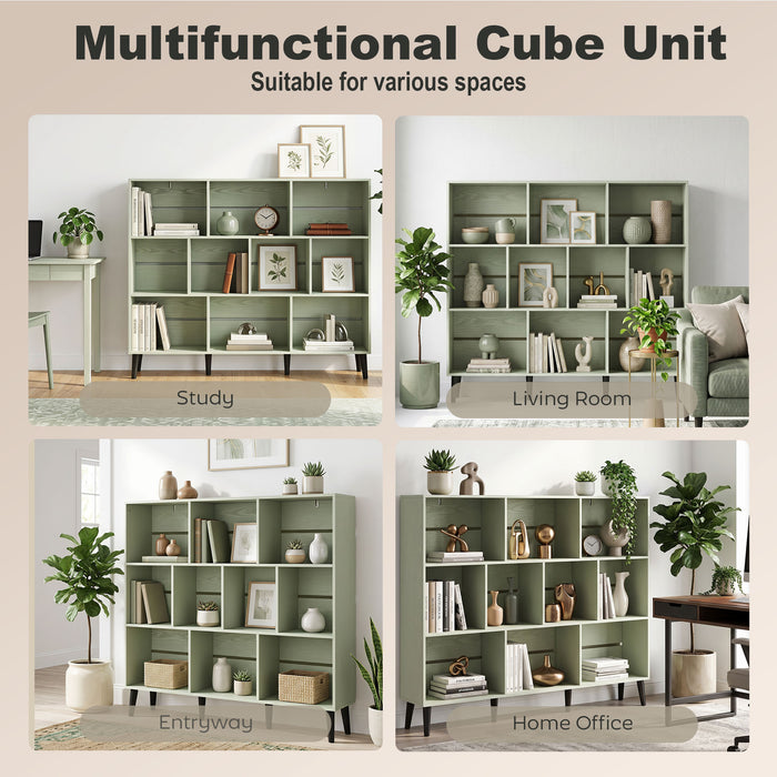 HOMCOM 10-Cube Bookcase, 3-Tier Book Shelf with Solid Wood Legs, 140 cm Modern Bookshelf with Anti-Tip Kit, Light Green