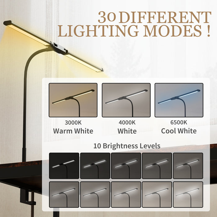 HOMCOM LED Desk Lamp with Clamp, Double Head Table Lamp with 3 Colour Modes & 10 Brightness Levels, Flexible Gooseneck Reading Desk Light with Timer and Memory Function for Study, Office, Work, Black