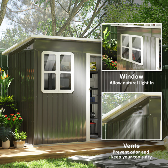Outsunny 7 x 4ft Storage Shed Galvanised Steel Garden Shed, Metal Shed with Foundation Kit, Window, Lockable Wide Door and Air Vents for Outdoor Patio, Dark Grey
