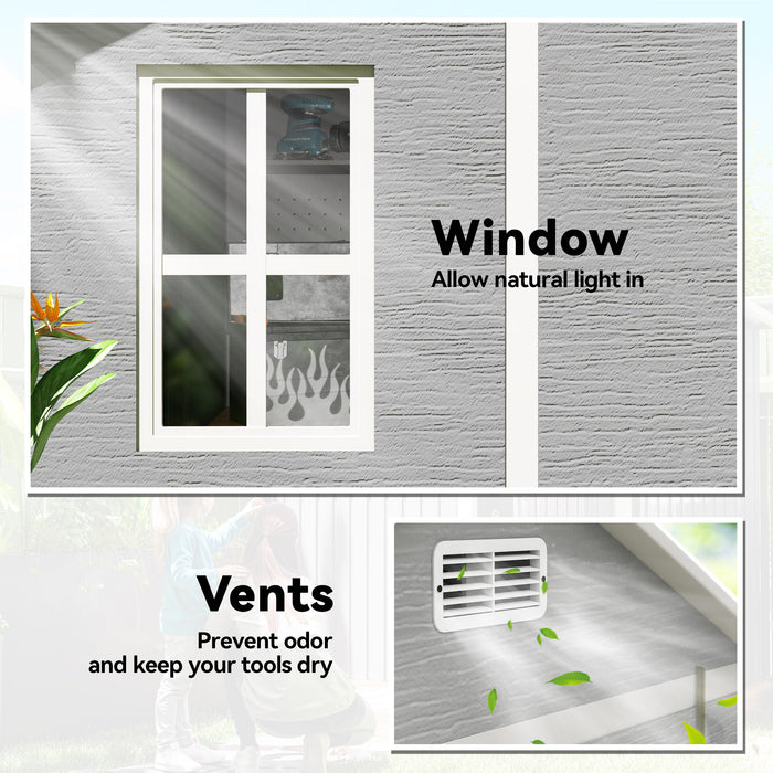 Outsunny 6 x 6ft Garden Shed with Floor, Window, Lockable Doors and Vents, Wood Effect Resin Tool Shed for Outdoor Patio, Grey