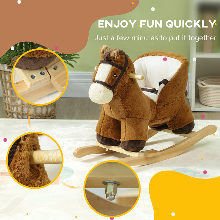 AIYAPLAY Kids Rocking Horse, Plush Ride on Horse, with Sound, Wood Base for Aged 18-36 Months - Brown