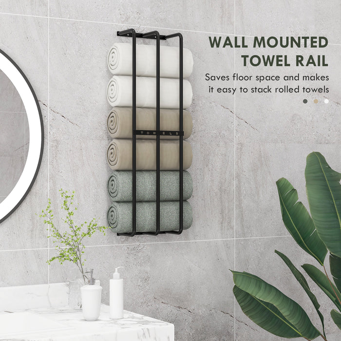 Wall-Mounted Towel Rack with 3 Bars - Metal Towel Rail for Bathroom Holds 6 Large Rolled Towels - Space-Saving Towel Storage Solution for Home and Spa Use