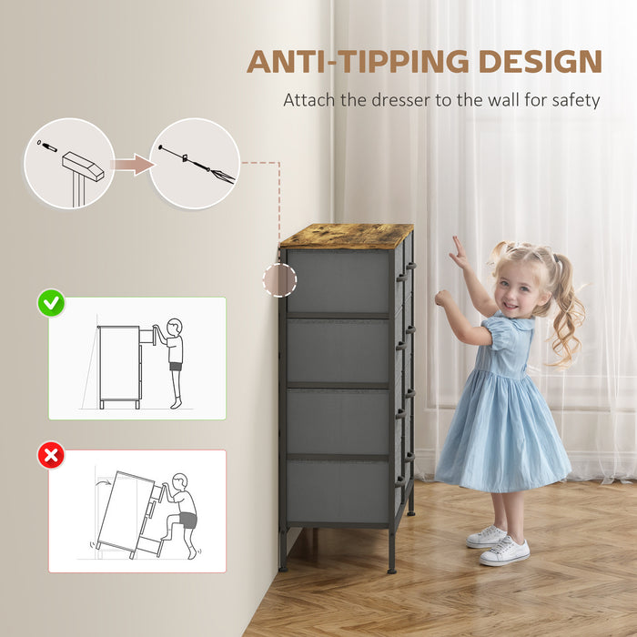 HOMCOM Fabric Chest of Drawers, Industrial Bedroom Dresser with 8 Fabric Drawers, Steel Frame and Wooden Top for Nursery, Living Room, Hallway, Rustic Brown and Grey