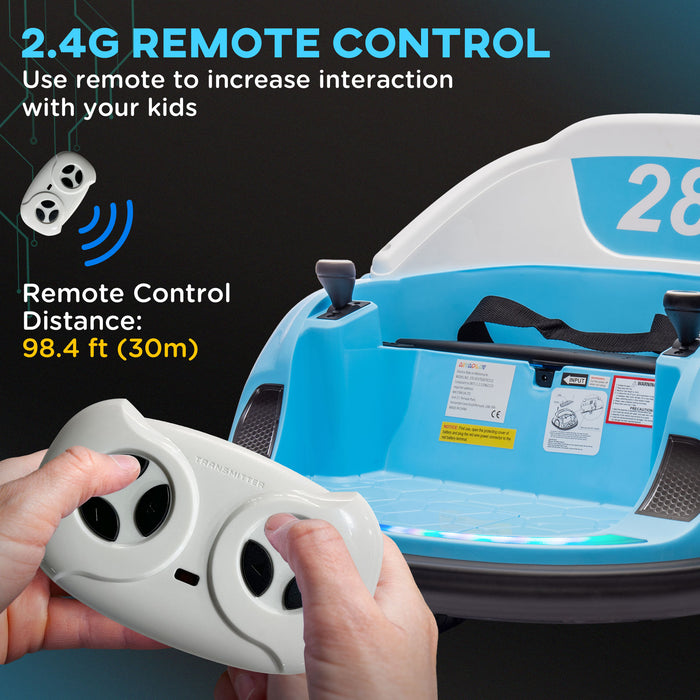 AIYAPLAY 360° Rotation Kids Bumper Car, 12V Waltzer Car with Remote Control, Dual Joysticks, Music Lights - Light Blue | Aosom UK