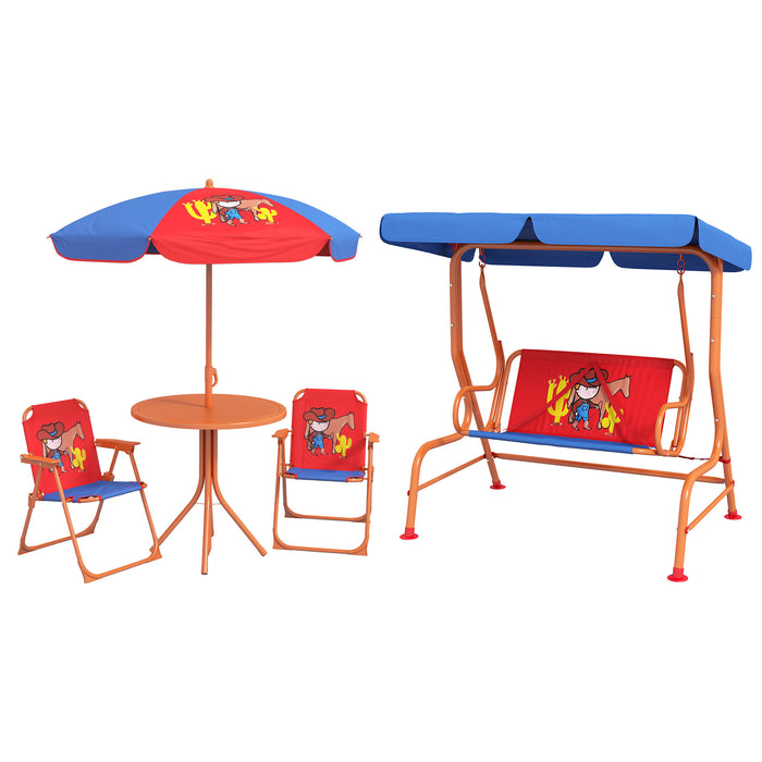 Kids Cowboy-Themed Garden Playset - 4-Piece Furniture with Adjustable Canopy, Table & Chairs, Swing Seat - Perfect for Patio & Porch Play, Ages 3-6 Years, Red & Blue