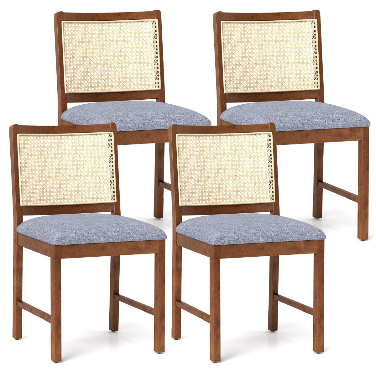 Rattan Dining Chair Set of 4 with Rubber Wood Frame and Linen Fabric Padded-Walnut