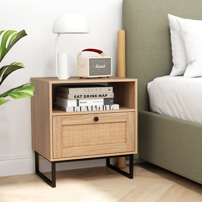 Mid Century Modern Bedside Table with Storage Drawer and Open Compartment-
