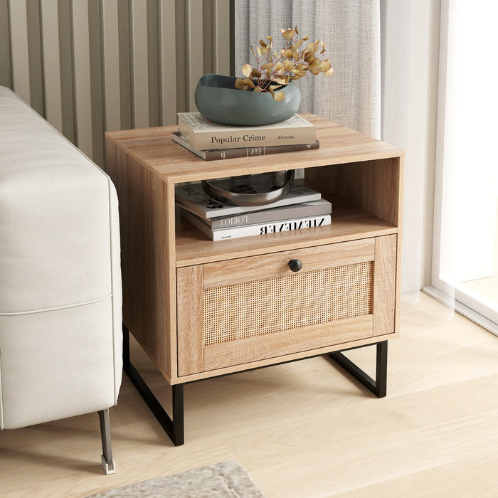 Mid Century Modern Bedside Table with Storage Drawer and Open Compartment-