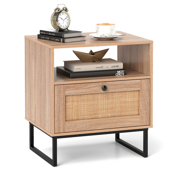 Mid Century Modern Bedside Table with Storage Drawer and Open Compartment-