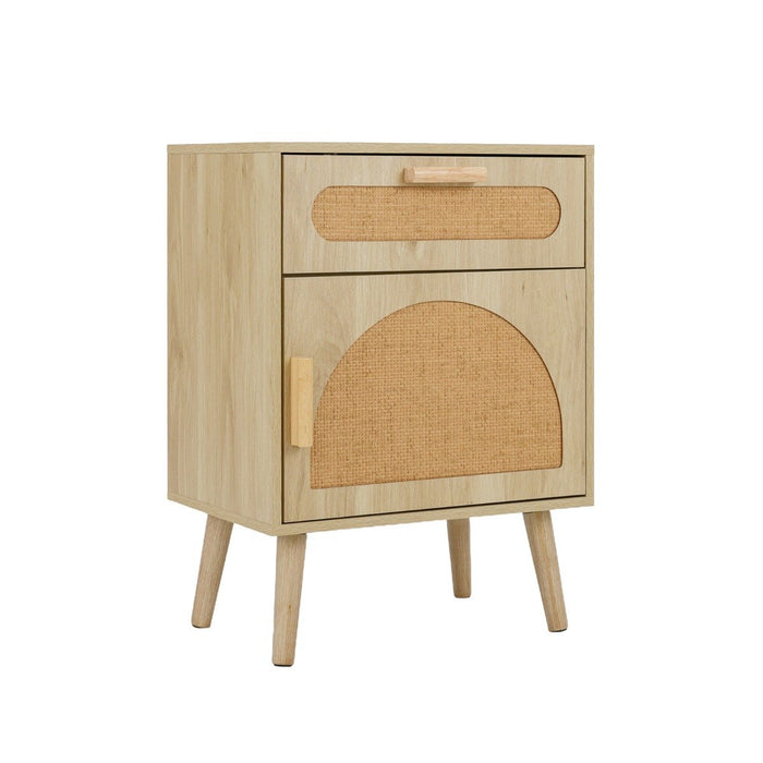Rattan Nightstand Boho Bedside Table with Rattan-decorated Door-