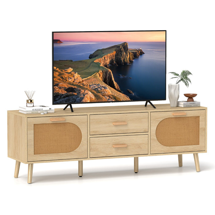 Rattan TV Stand for 65-Inch TV with Drawers and Solid Wood Legs-