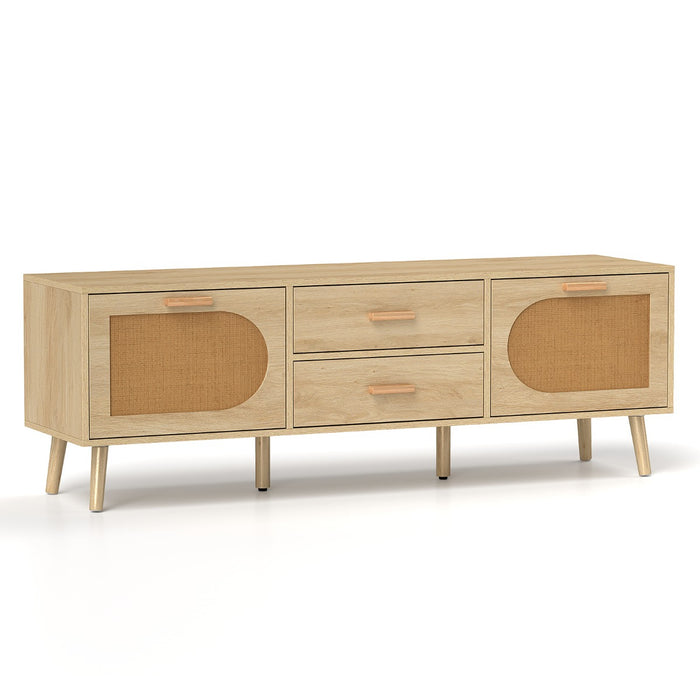 Rattan TV Stand for 65-Inch TV with Drawers and Solid Wood Legs-