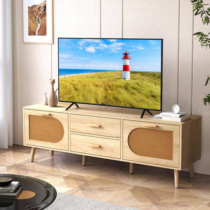 Rattan TV Stand for 65-Inch TV with Drawers and Solid Wood Legs-