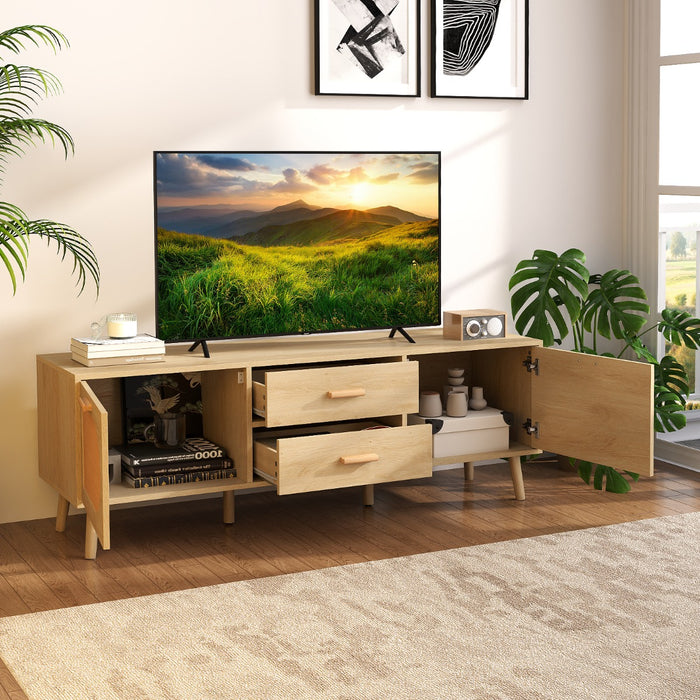 Rattan TV Stand for 65-Inch TV with Drawers and Solid Wood Legs-