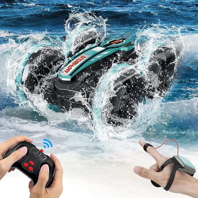 RC Multi Terrain Stunt Car - Amphibious Vehicle with Double-Sided Flip, Drifting & Radio Control Options - AmazeFun Ideal Outdoor Toy for Boys and Perfect Children's Gift