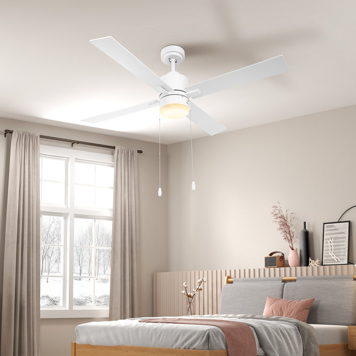 Flush Mount Ceiling Fan with LED Light - Reversible Blades & Convenient Pull-Chain Operation - Ideal for Home Lighting and Air Circulation in White and Natural Tones