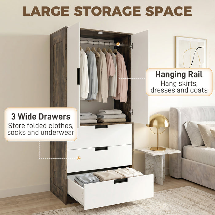 HOMCOM Modern Clothes Storage Cupboard Unit, 3 Drawer 2 Door Wardrobe with Hanging Rod, Rustic Brown