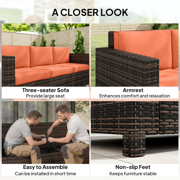 Outsunny 3 Seater Rattan Sofa All-Weather Wicker Weave Metal Frame Chair with Fire Resistant Cushio-Orange