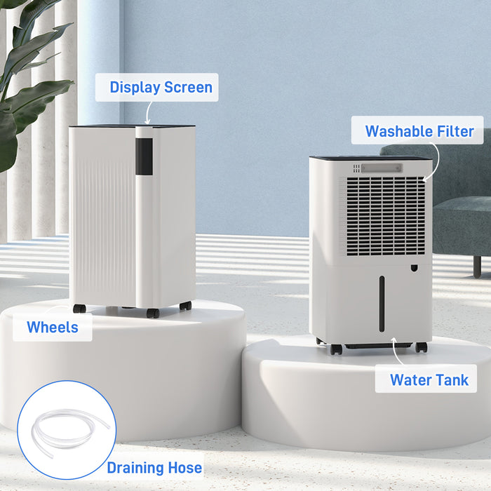 HOMCOM 12L/Day Dehumidifier with Continuous Drainage, 2L Water Tank, 24H Timer, Digital Humidity Display, Filter, Auto Defrost, Children Lock, Dehumidifier for Home Damp, Bedroom, Laundry Drying
