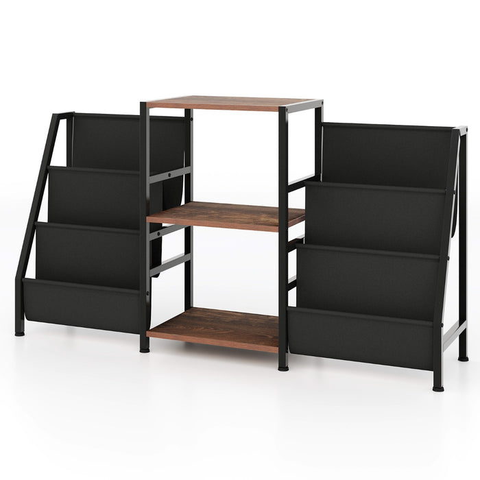 Record Player Stand with Open Shelves and 6 Storage Pockets-
