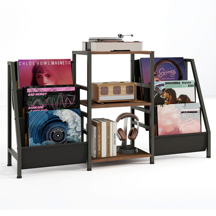 Record Player Stand with Open Shelves and 6 Storage Pockets-