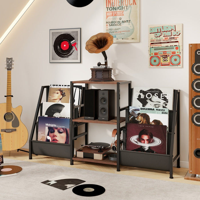Record Player Stand with Open Shelves and 6 Storage Pockets-
