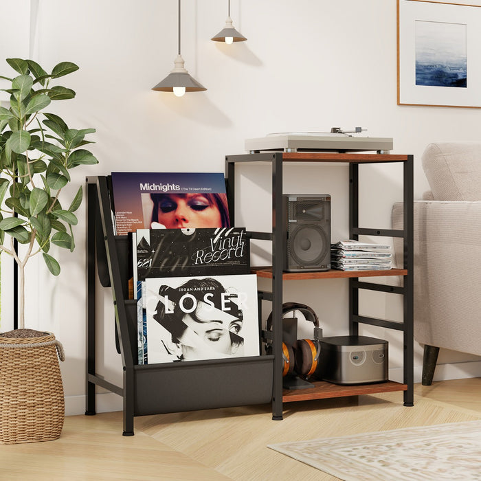 Record Player Stand with Open Shelves and 6 Storage Pockets-
