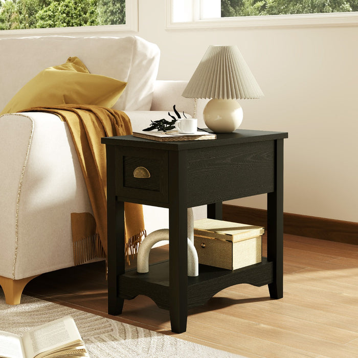 Rectangular Nightstand with 1 Drawer 1 Storing Shelf and 4 Solid Rubber wood Legs-