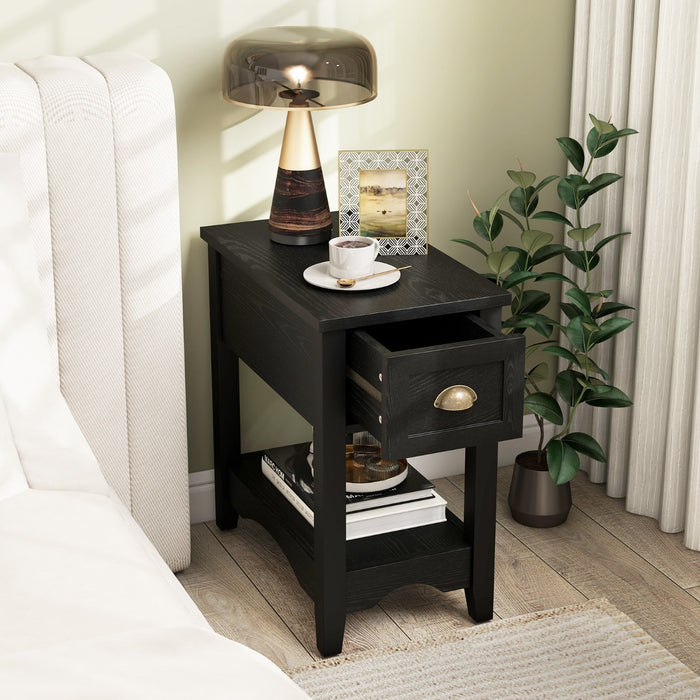 Rectangular Nightstand with 1 Drawer 1 Storing Shelf and 4 Solid Rubber wood Legs-