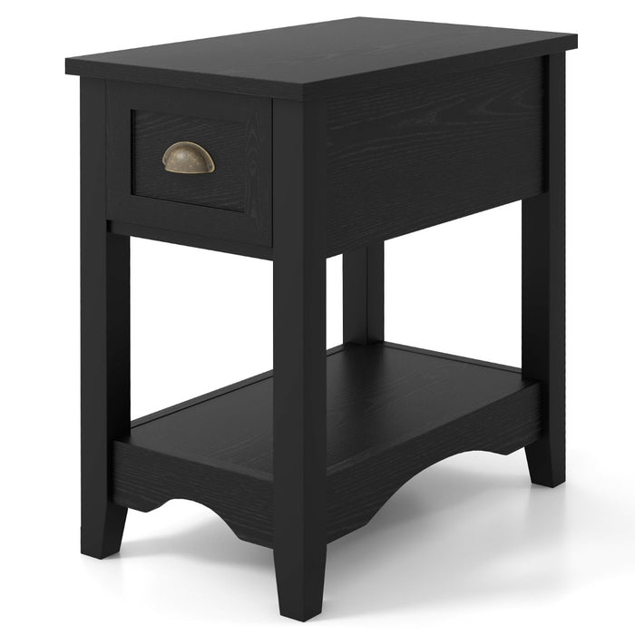 Rectangular Nightstand with 1 Drawer 1 Storing Shelf and 4 Solid Rubber wood Legs-