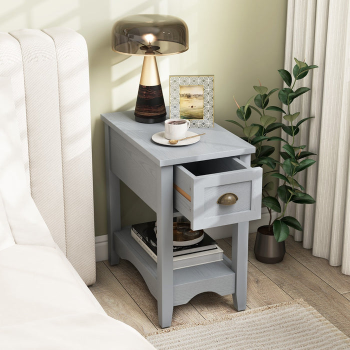 Rectangular Nightstand with 1 Drawer 1 Storing Shelf and 4 Solid Rubber wood Legs-