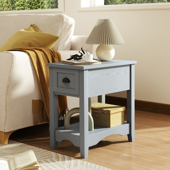 Rectangular Nightstand with 1 Drawer 1 Storing Shelf and 4 Solid Rubber wood Legs-
