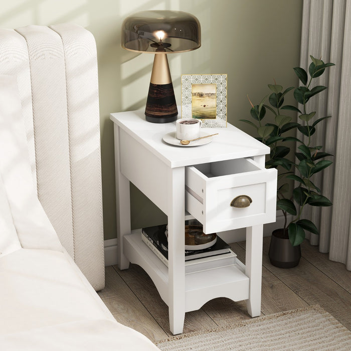 Rectangular Nightstand with 1 Drawer 1 Storing Shelf and 4 Solid Rubber wood Legs-