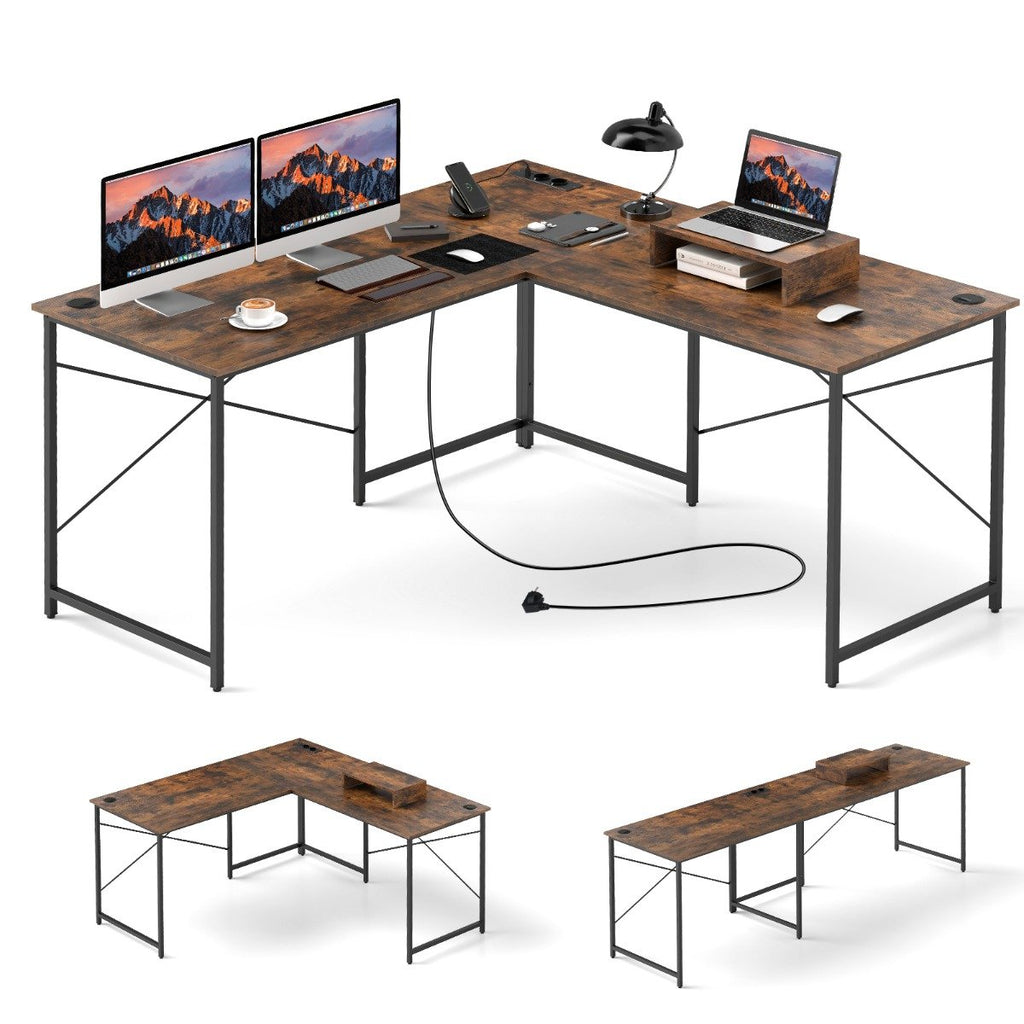 Reversible L-Shaped Desk with Built-in Power Strip and Removable Host Stand-