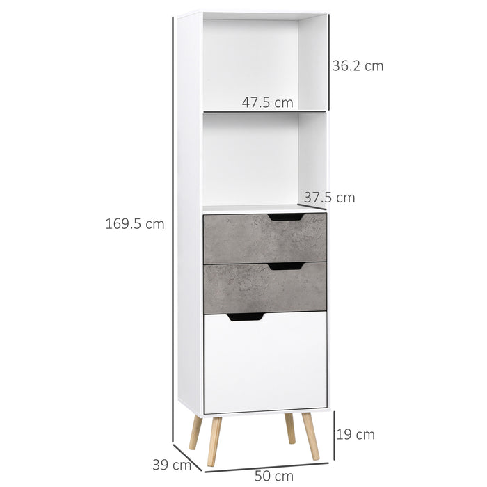 HOMCOM Narrow Sideboard Storage Cabinet, Free Standing Accent Cupboard with 3 Drawers, 2 Open Shelves for Bedroom, Living Room, Hallway, Light Grey