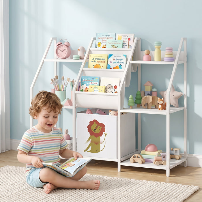 AIYAPLAY Kids Bookshelf and Toy Storage with 3-Tier Sling Book Rack and Fabric Drawer for Nursery, Bedroom, Playroom, White