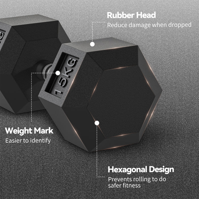 HOMCOM 2x15KG Rubber Hex Dumbbell Portable Hand Weights Dumbbell Home Gym