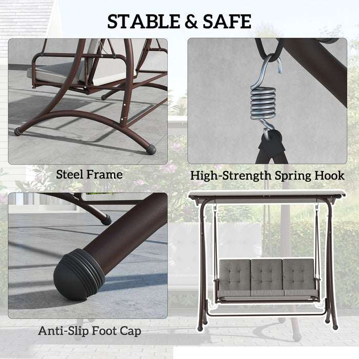 Outsunny 3 Seater Garden Swing Seat Bed, Convertible Swing Chair Bench with UPF30+ Adjustable Canopy, Cushioned Seat and Weather Resistant Steel Frame, Grey