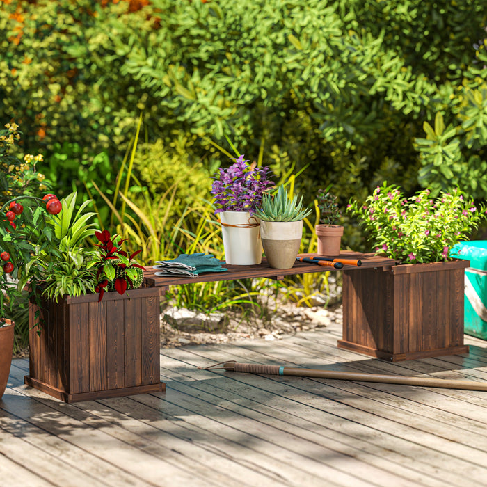 Outsunny Wooden Garden Planter & Bench Combination Garden Raised Bed Patio Park Carbonised Finish 176 x 38 x 40 cm