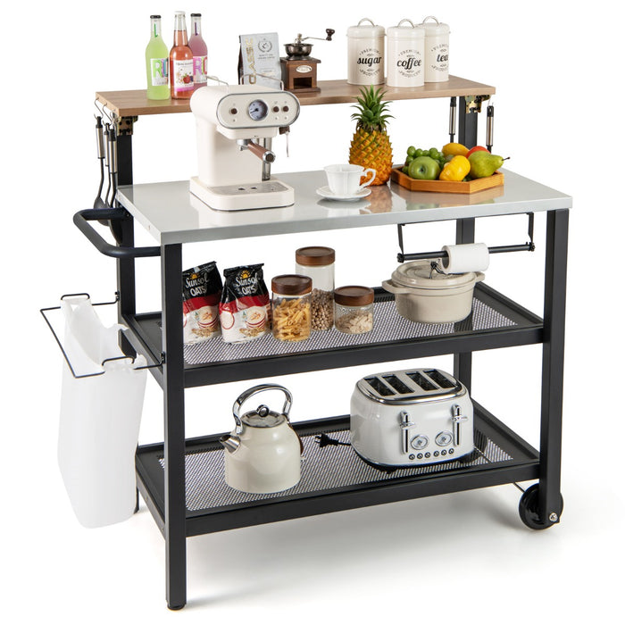 Rolling Bar Cart with Flip-up Table with Hooks and Foldable Handle