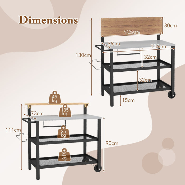 Rolling Bar Cart with Flip-up Table with Hooks and Foldable Handle
