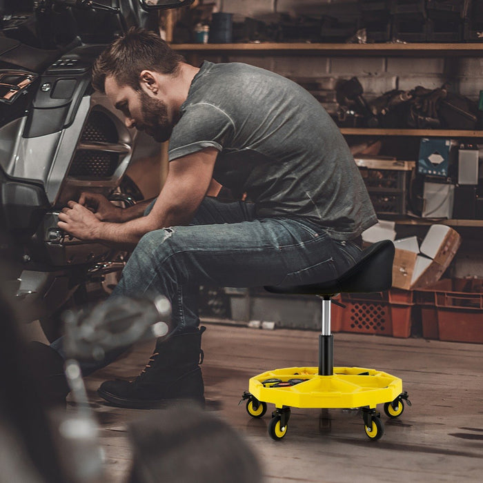 54-67 CM Height Adjustable Rolling Garage Stool with Tool Tray Storage-