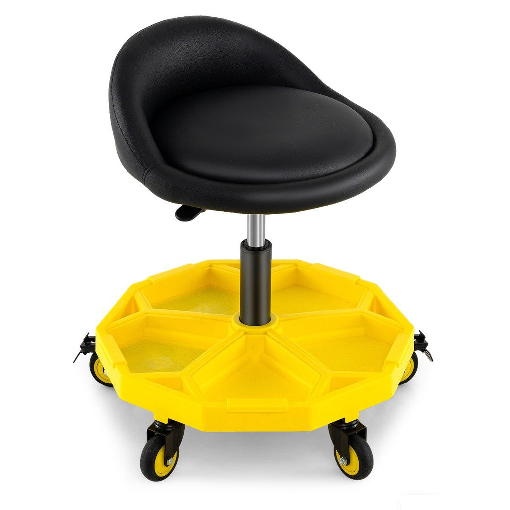 54-67 CM Height Adjustable Rolling Garage Stool with Tool Tray Storage-