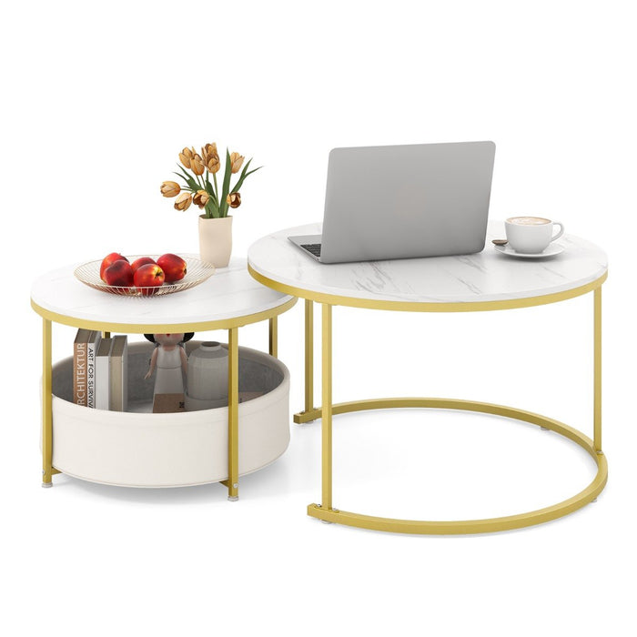 Round Coffee Table Set of 2 Circle Cocktail Table with Storage Basket-