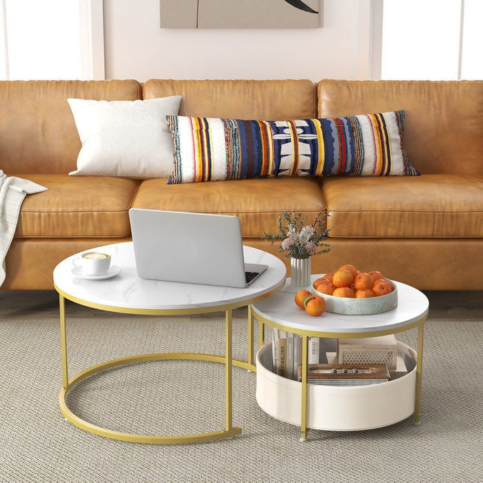 Round Coffee Table Set of 2 Circle Cocktail Table with Storage Basket-