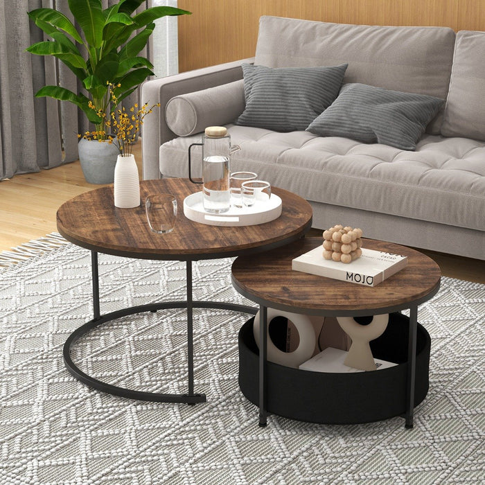 Round Coffee Table Set of 2 Circle Cocktail Table with Storage Basket-