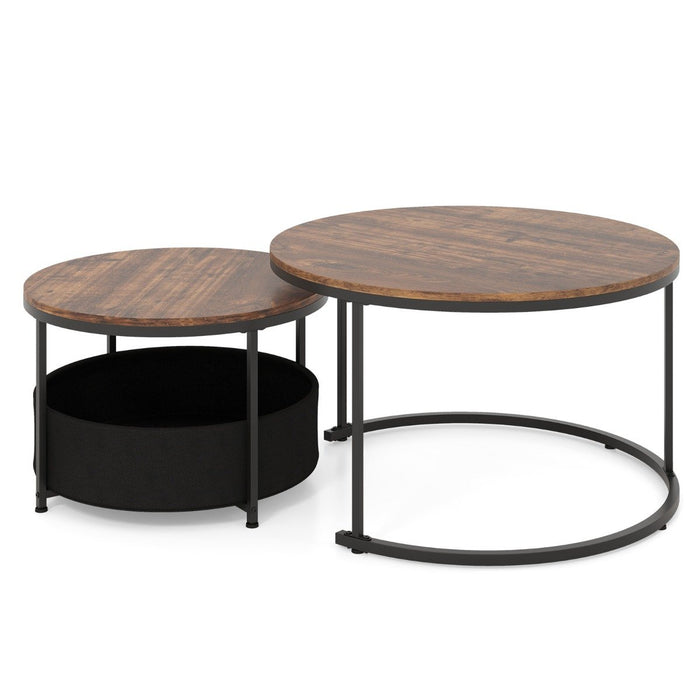 Round Coffee Table Set of 2 Circle Cocktail Table with Storage Basket-