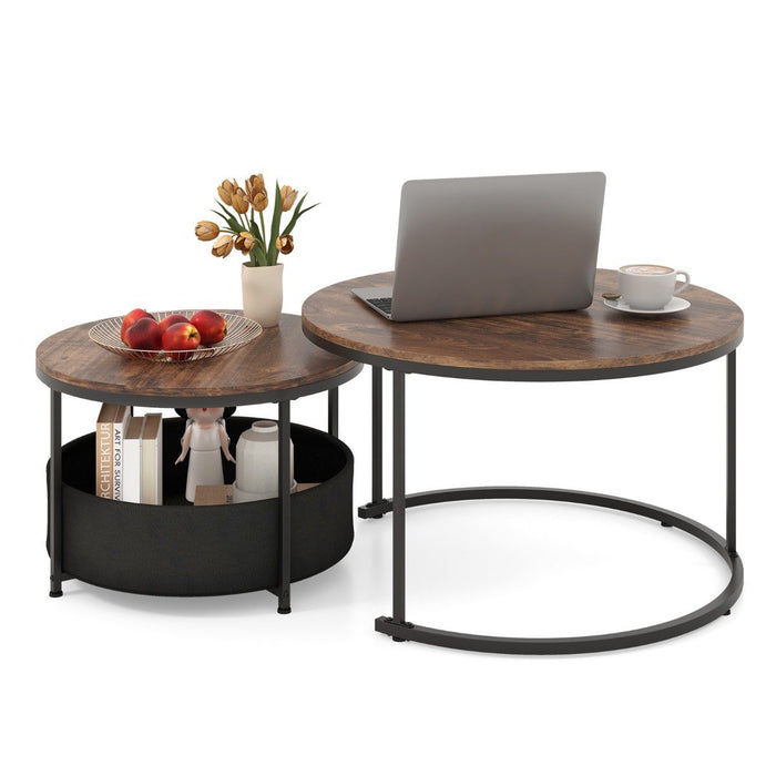 Round Coffee Table Set of 2 Circle Cocktail Table with Storage Basket-